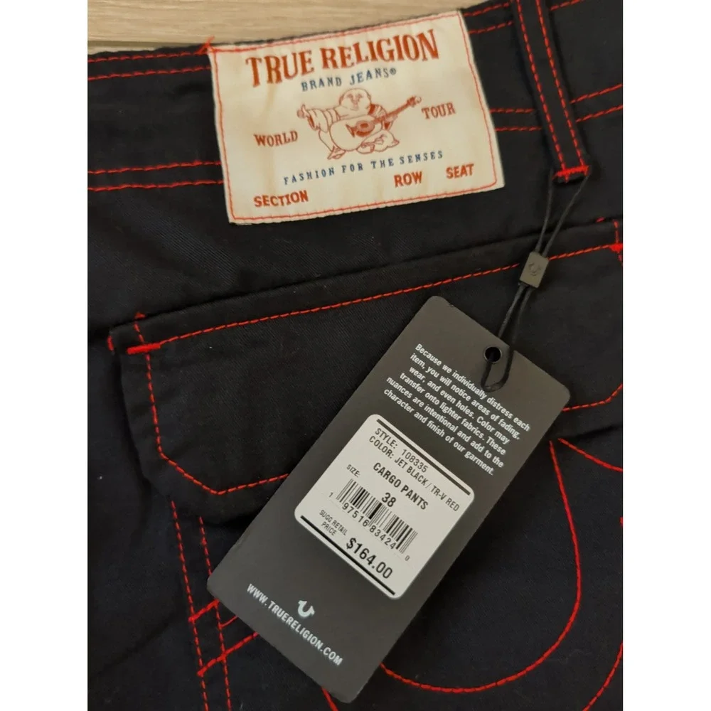 True Religion Men's Baggy Cargo Pants 108335 Size 38 Jet Black Red Stitching NWT
